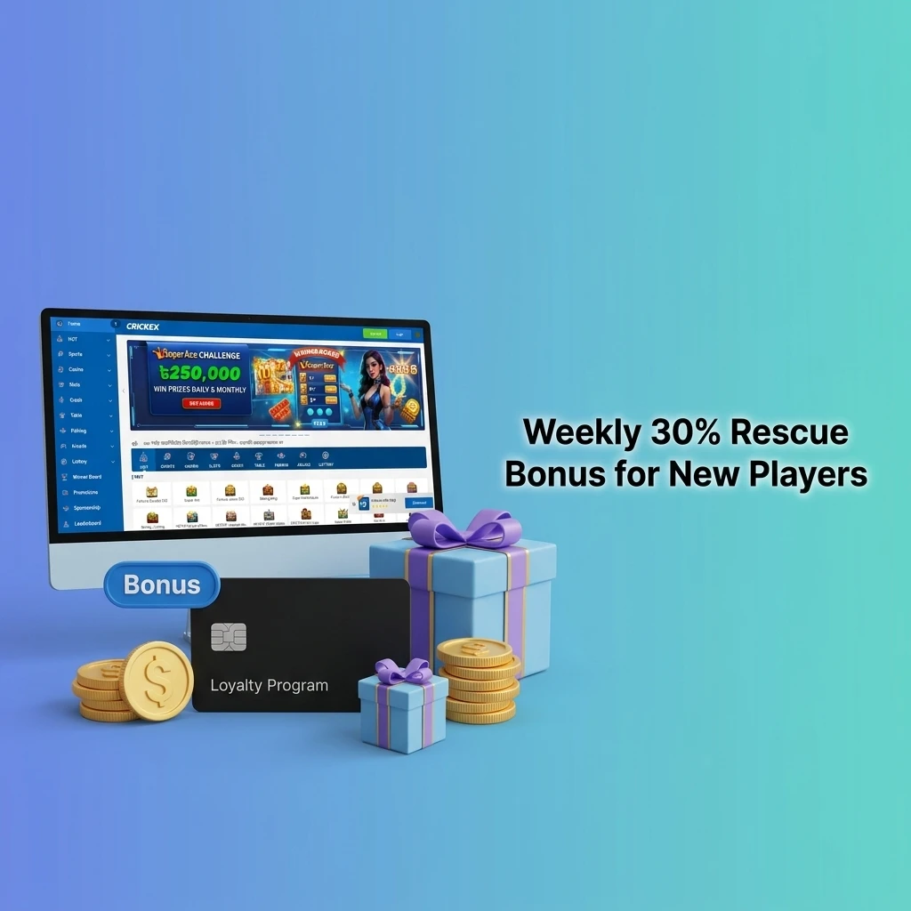 Crickex Weekly 30% Rescue Bonus for new players, up to 5,000 BDT cashback on losses with 18x wagering requirement