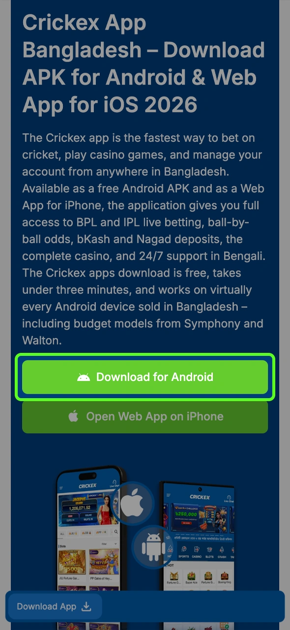 Click the official download button to save the secure Crickex APK installer directly to your Android device.
