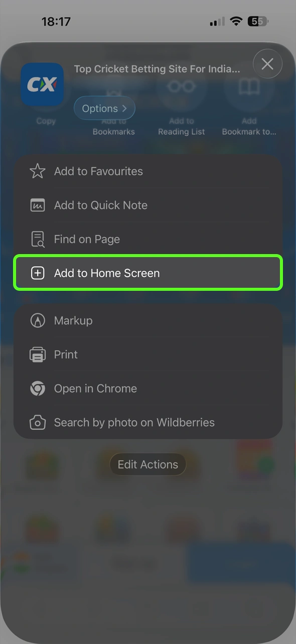 Select the Add to Home Screen feature from the iOS menu to create a direct link to the Crickex betting platform.