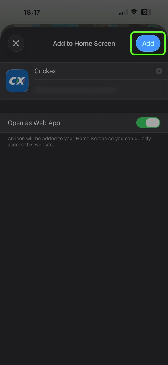 Confirm the addition to place the Crickex icon alongside your other apps for instant, one-tap access to live odds.