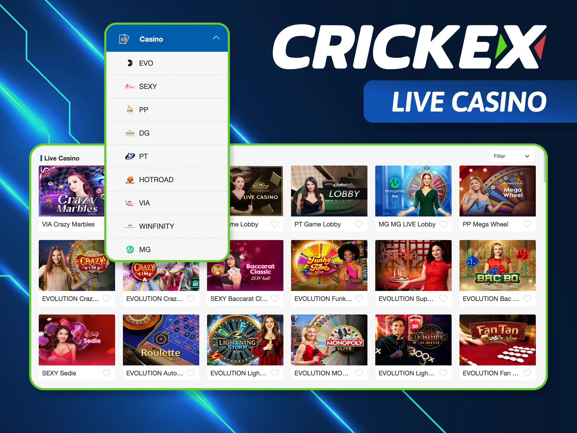 Experience the thrill of a real casino from home with Crickex live dealers hosting Baccarat, Roulette, and Andar Bahar 24/7.