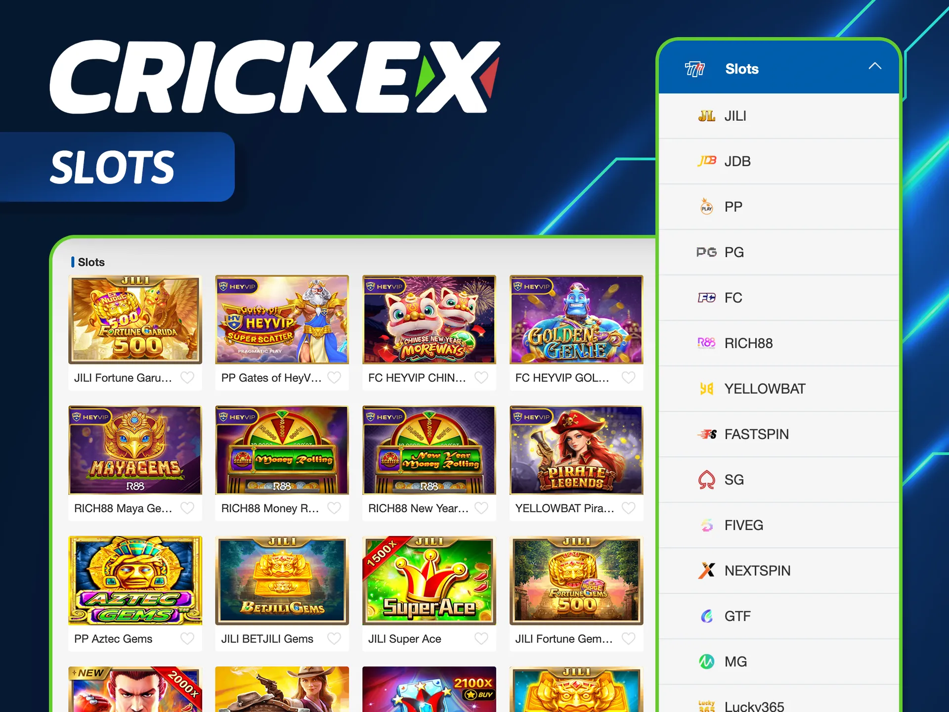 Spin and win on thousands of Crickex slots, ranging from classic 3-reel games to modern video slots with massive multipliers.