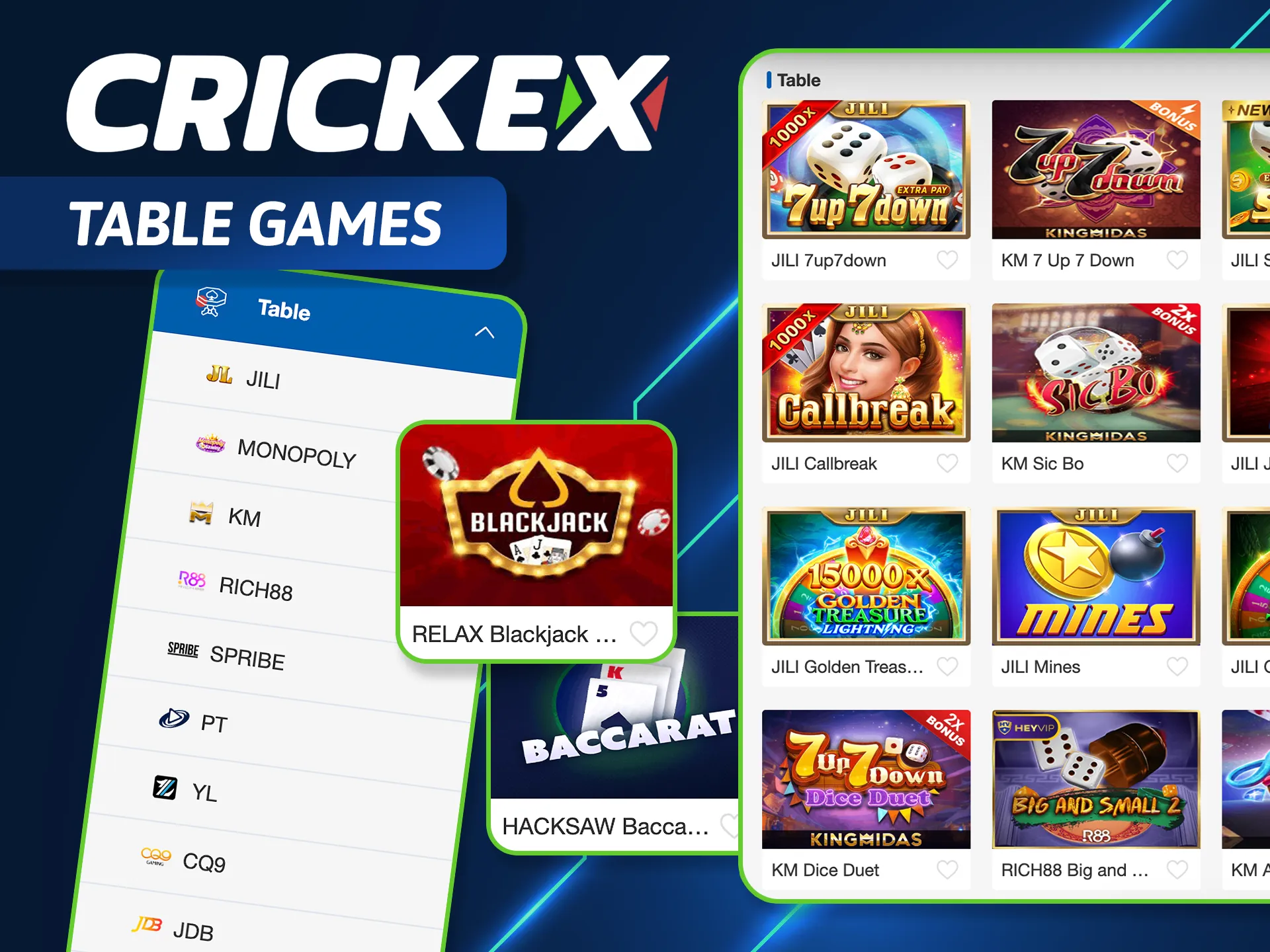 Play classic strategy games at Crickex, including multiple variations of Blackjack, Poker, and traditional dice games.