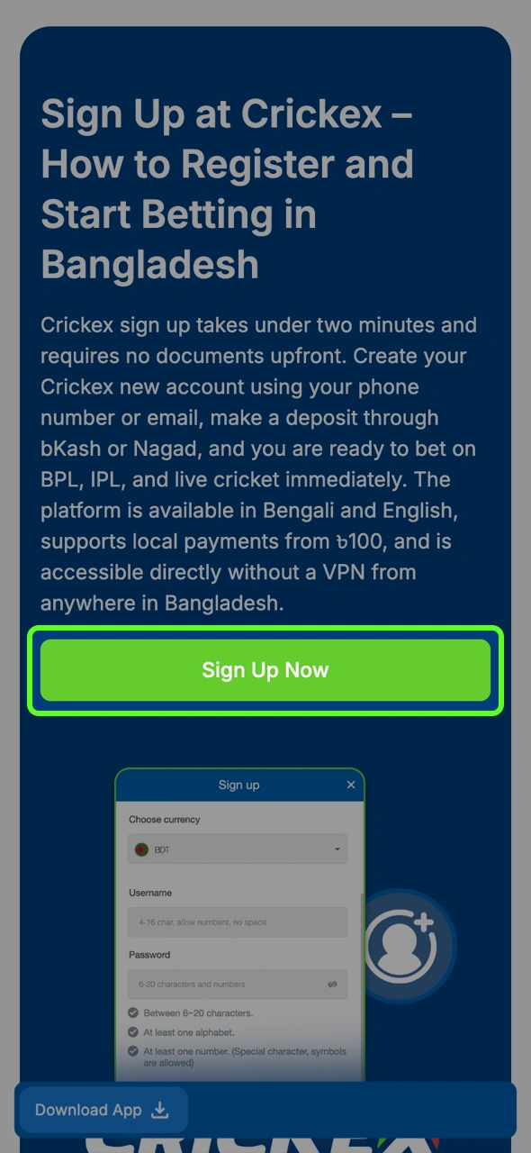 Visit the official Crickex Bangladesh website and click the Sign Up button to launch the secure account creation window.